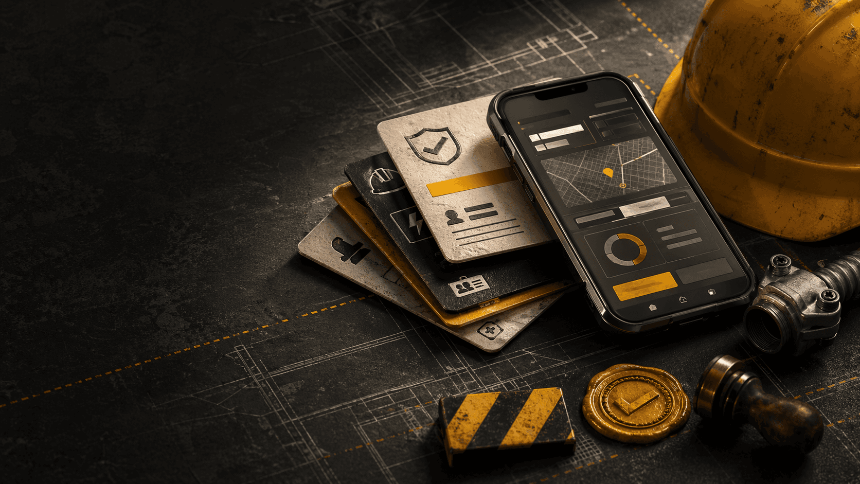 Industrial dispatch desk with rugged phone, hardhat, credential cards, and verification seal